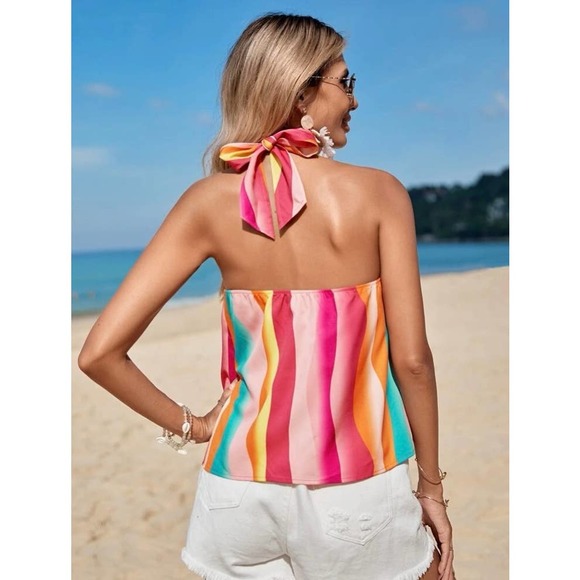 Colorful Stripe Tie Back Halter Top - Picture 6 of 8